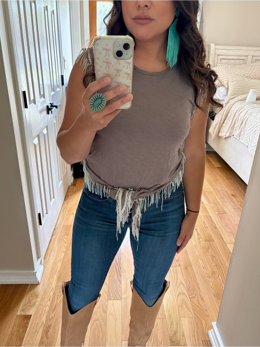 Boho western tie front fringe tank